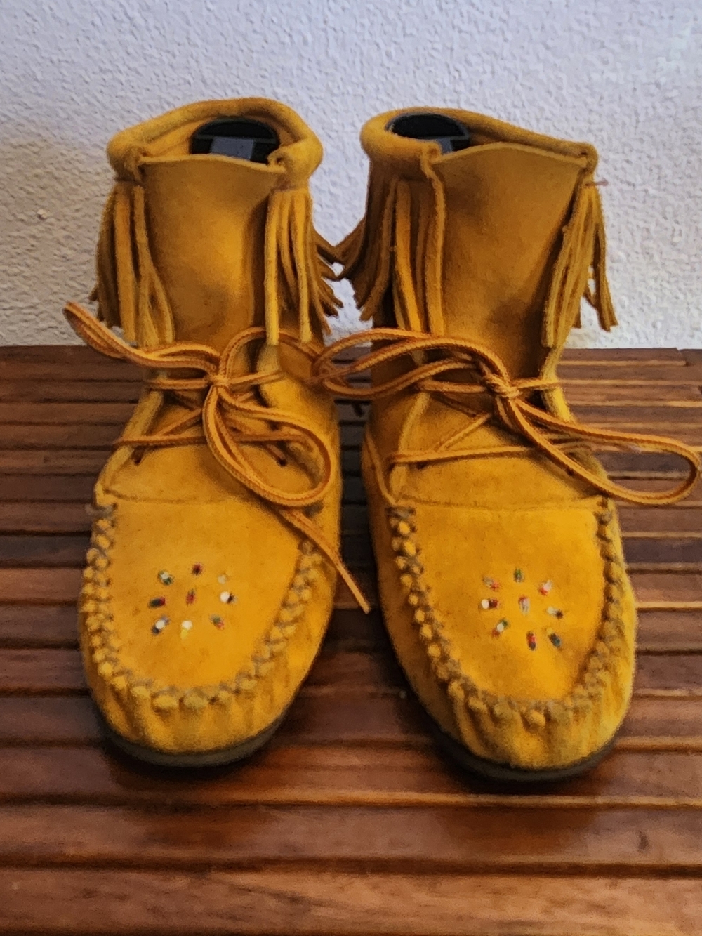 Yellow Suede Fringe Moccasin Boots